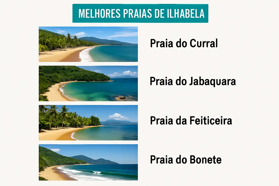 praia calma ilhabela familia natureza trilha Praia de Ilhabela com água turquesa e areia branca com família aproveitando enseada cercada por vegetação tropical e trilha na mata