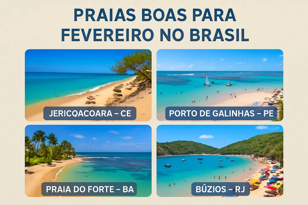 praia calma nordeste fevereiro mar Praia calma no Nordeste brasileiro com águas turquesa, areia clara, trapiche de madeira e barcos de pesca coloridos