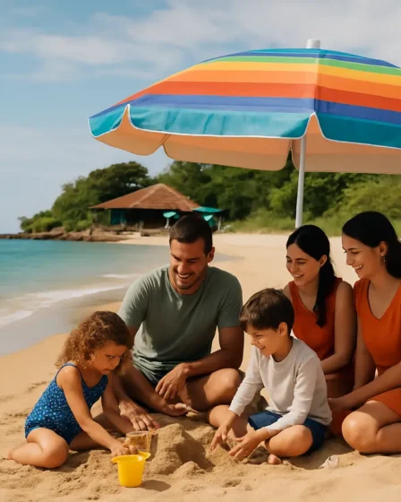 praia curral familia ilhabela Familia na areia da Praia do Curral com mar calmo e quiosque ao fundo