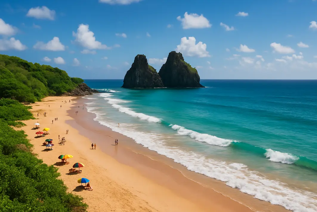 praia da cacimba do padre ferando noronha Praia da Cacimba do Padre com areia dourada pés de surfistas e Morro do Pico ao fundo