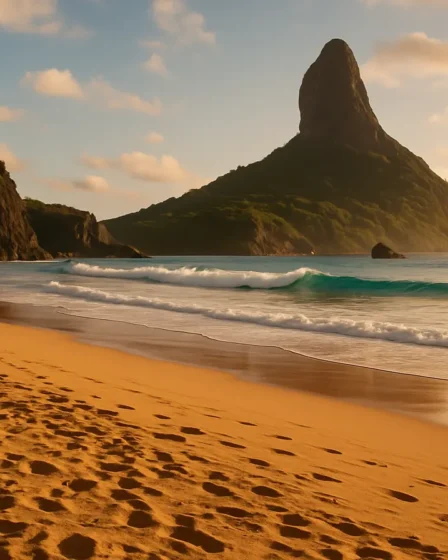 praia da cacimba do padre morro do pico Praia da Cacimba do Padre em Fernando de Noronha com areia ampla, rochedos laterais e Morro do Pico ao fundo sob luz dourada