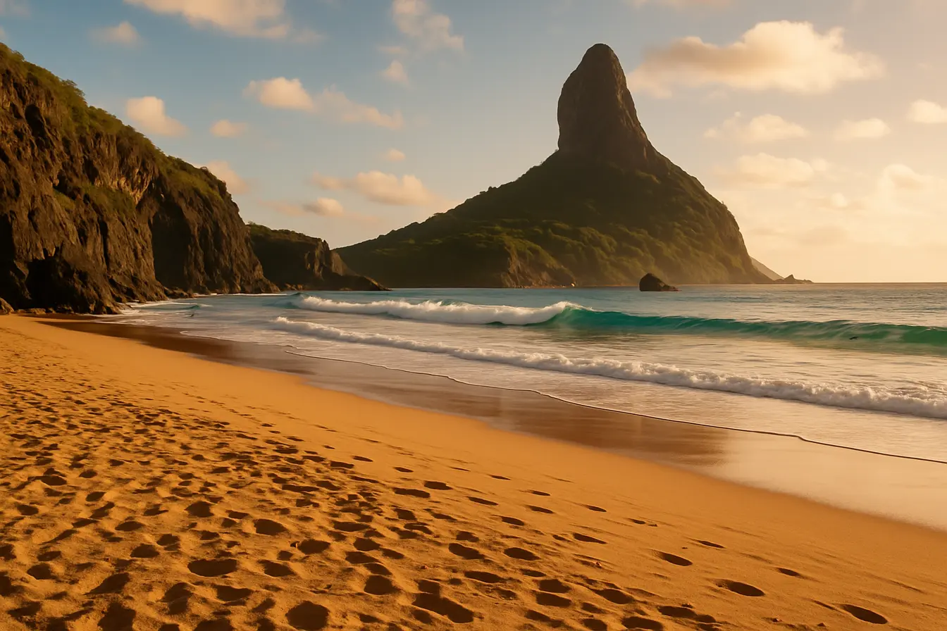 praia da cacimba do padre morro do pico Praia da Cacimba do Padre em Fernando de Noronha com areia ampla, rochedos laterais e Morro do Pico ao fundo sob luz dourada