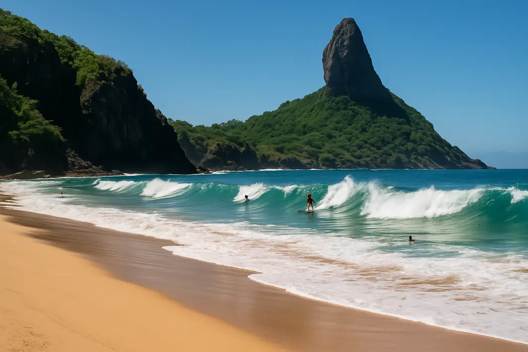 praia da cacimba do padre noronha 1 Praia da Cacimba do Padre com areia dourada, surfistas nas ondas, paredões rochosos e Morro do Pico ao fundo