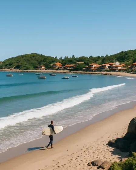 praia da rosa surfista mirante vila Vista aérea da Praia da Rosa com areia dourada, surfista caminhando com prancha e mirante rochoso com pessoa