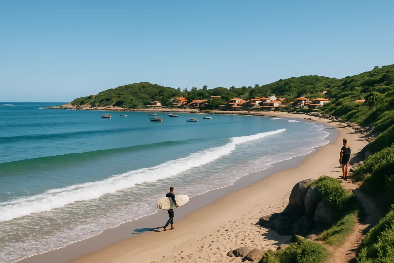 praia da rosa surfista mirante vila Vista aérea da Praia da Rosa com areia dourada, surfista caminhando com prancha e mirante rochoso com pessoa