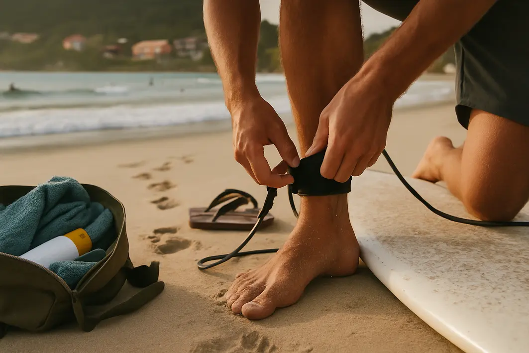 praia da rosa surfista prendendo leash Mãos e tornozelos de surfista prendendo leash em prancha com cera na areia da Praia da Rosa