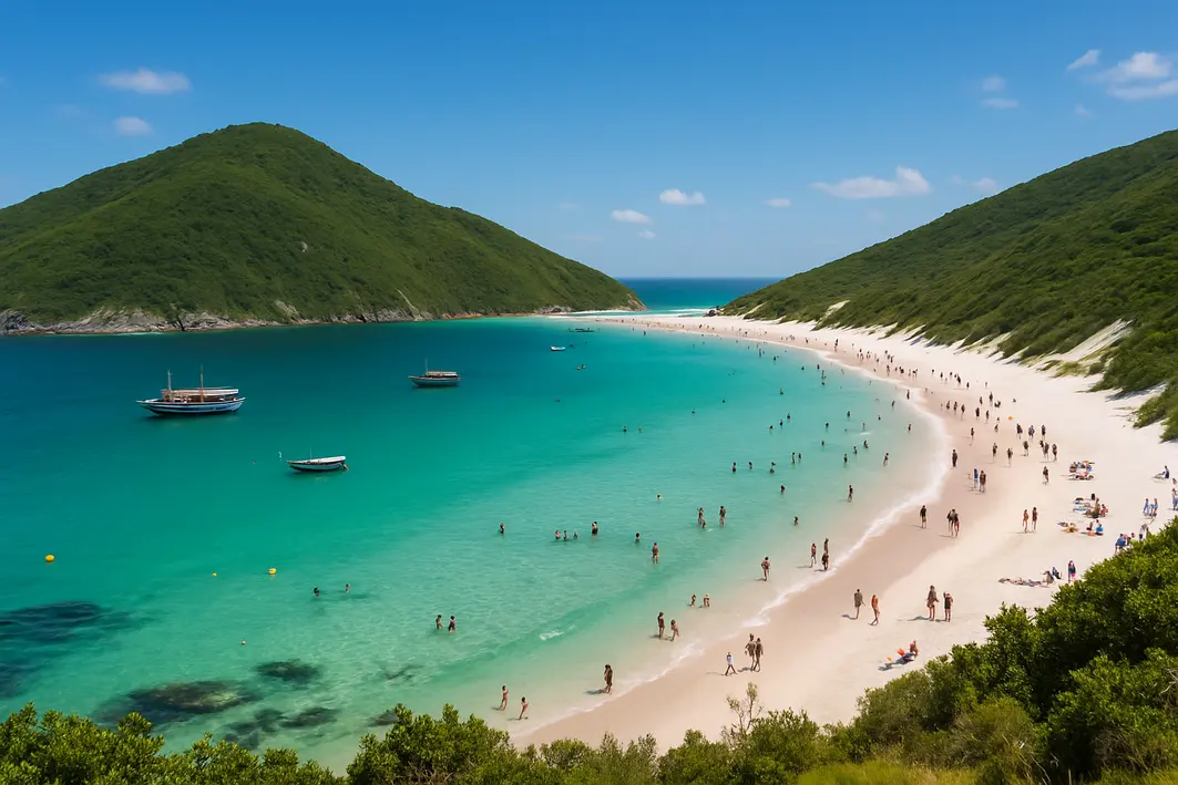 praia do farol arraial do cabo 1 Praia do Farol em Arraial do Cabo com mar cristalino azul turquesa e areia branca sob sol natural