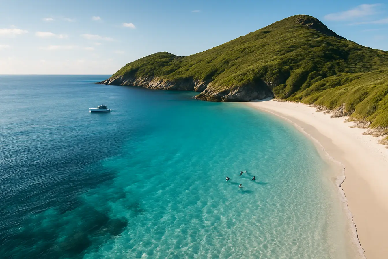 praia do farol arraial do cabo aguas cristalinas Praia do Farol Arraial do Cabo com água cristalina azul turquesa e areia branca vista aérea por drone