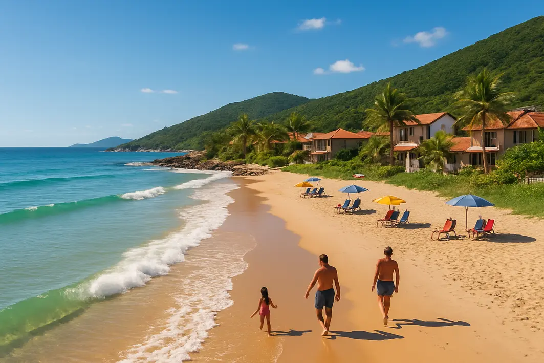 praia familia casal florianopolis praia Vista aérea de família e casais desfrutando praia ensolarada em Florianópolis com mar calmo e hospedagem à beira-mar