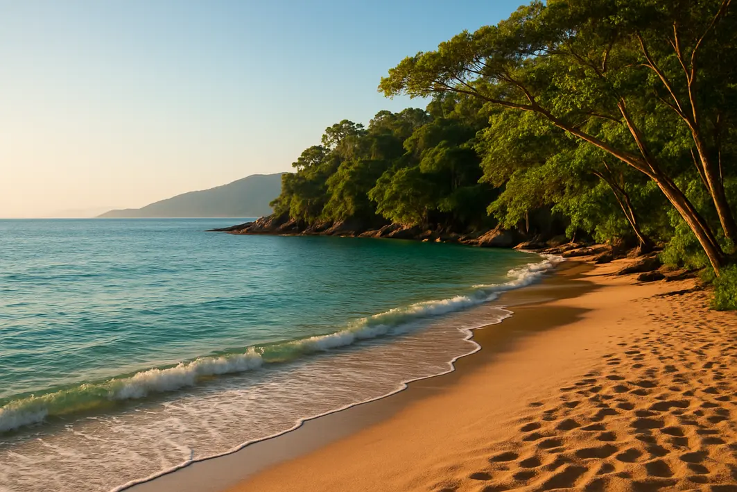 praia ilhabela agua azul areia Praia tranquila em Ilhabela com água azul cristalina, areia clara e vegetação tropical densa ao redor