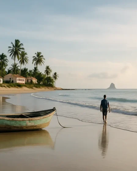 praia nordeste barco areia mar Barco de pesca pequeno de madeira desgastada sobre a areia molhada da praia no Nordeste do Brasil ao amanhecer