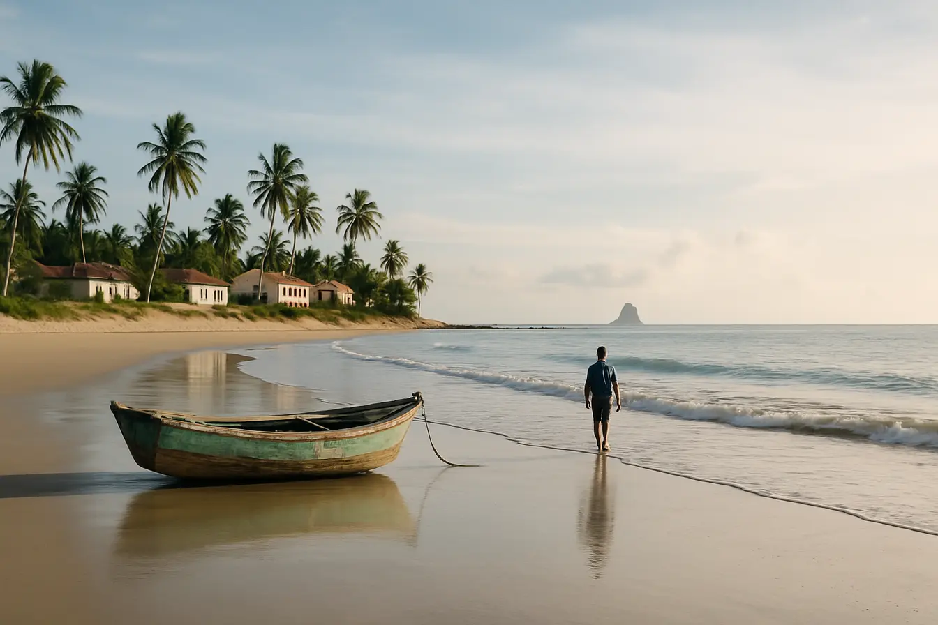 praia nordeste barco areia mar Barco de pesca pequeno de madeira desgastada sobre a areia molhada da praia no Nordeste do Brasil ao amanhecer