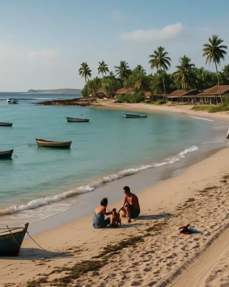 praia nordeste brasil fevereiro mar calmo Praia nordestina com mar calmo em baía protegida por recifes, barcos de pesca ancorados e vilarejo com palmeiras ao fundo