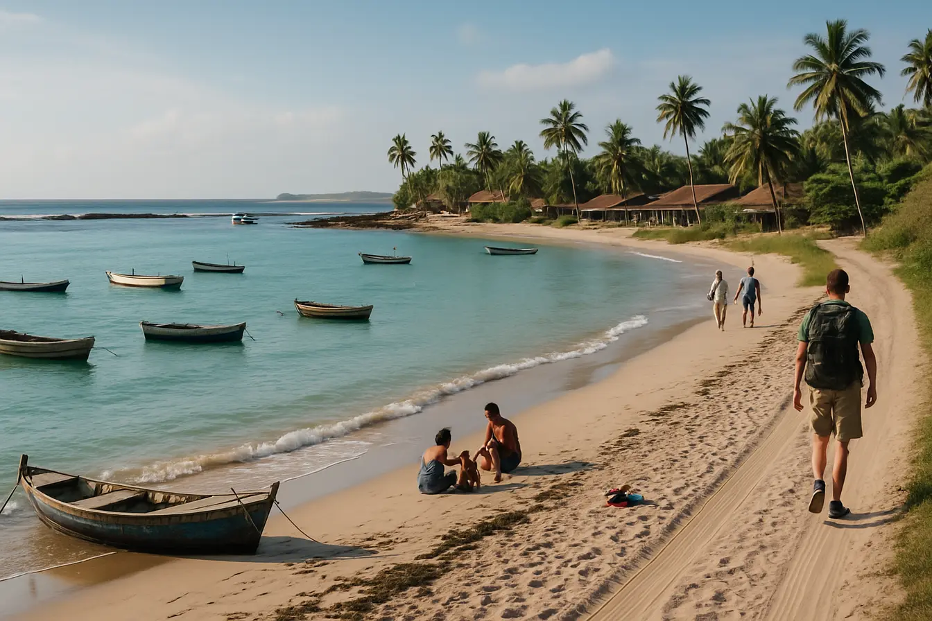 praia nordeste brasil fevereiro mar calmo Praia nordestina com mar calmo em baía protegida por recifes, barcos de pesca ancorados e vilarejo com palmeiras ao fundo
