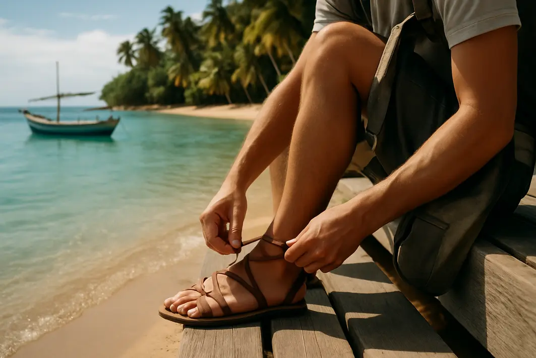 praia nordeste mar calmo viajante Mãos de viajante ajustando sandálias de couro em degraus de madeira junto à água calma de enseada com jangada e coqueiros ao fundo