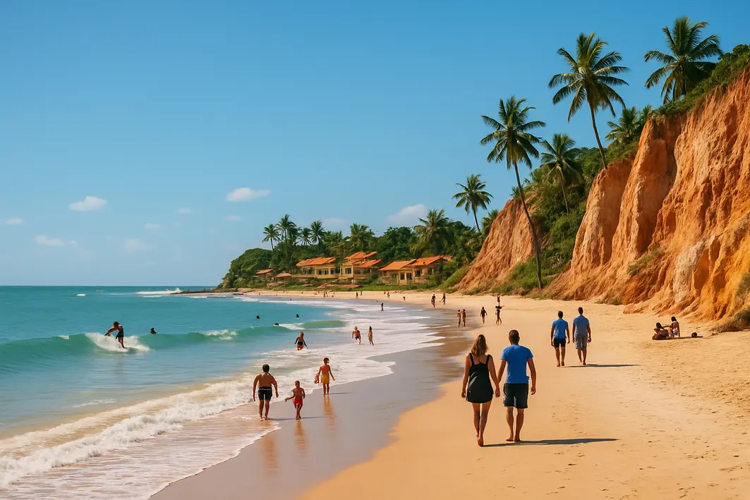 praia sul da bahia casal familias surf Praia no sul da Bahia com areia clara, falésias coloridas, vilarejo ao fundo, casais, famílias e surfistas em ondas sob céu ensolarado