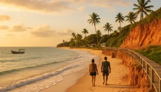 Casal caminhando descalço na areia clara da costa sul da Bahia ao entardecer com falésias avermelhadas e passarela de madeira