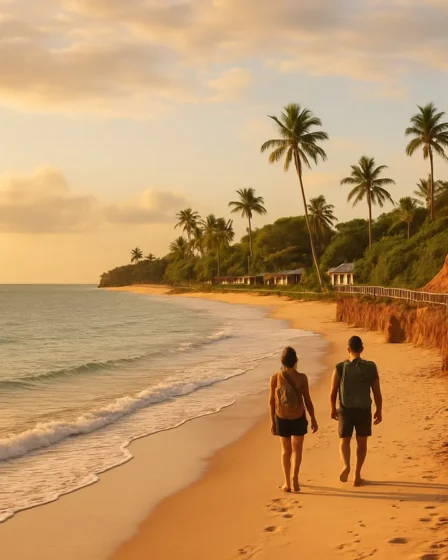 praia sul da bahia entardecer casal passarela Casal caminhando descalço na areia clara da costa sul da Bahia ao entardecer com falésias avermelhadas e passarela de madeira