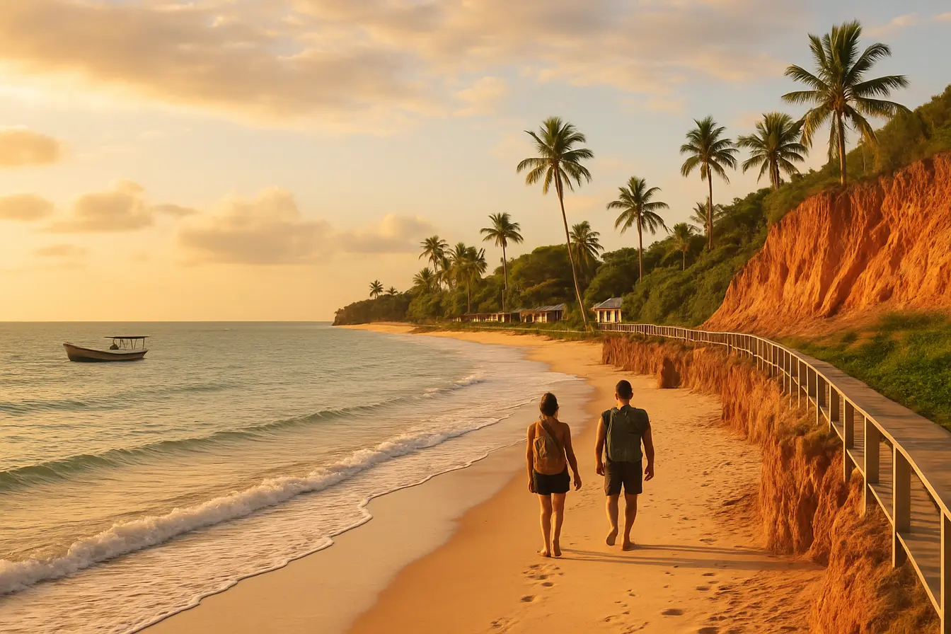 praia sul da bahia entardecer casal passarela Casal caminhando descalço na areia clara da costa sul da Bahia ao entardecer com falésias avermelhadas e passarela de madeira
