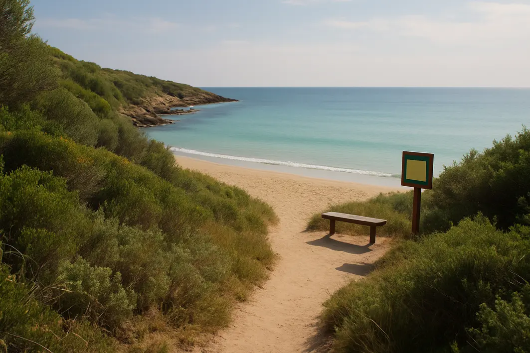 praia tranquila acesso trilha vegetacao Praia tranquila com areia dourada, mar calmo turquesa e acesso por trilha rodeada de vegetação costeira