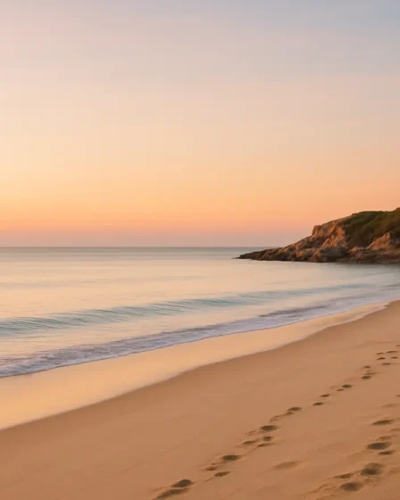 praia tranquila amanhecer Praia tranquila ao amanhecer com mar calmo e poucas pegadas na areia