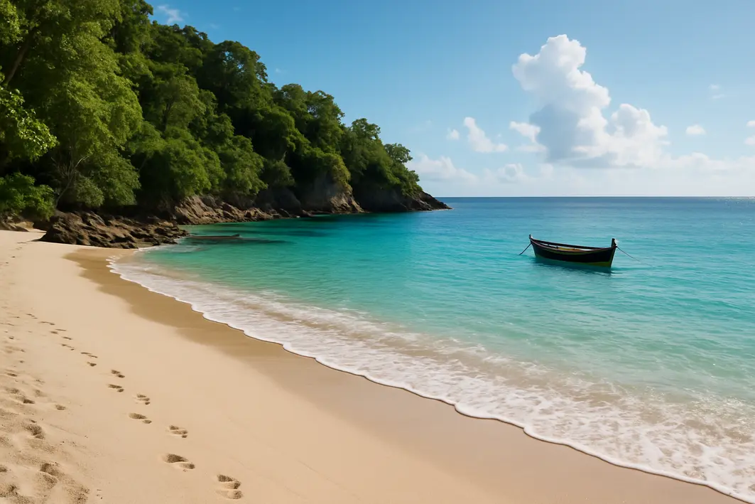 praia tranquila areia branca barco pequeno Praia isolada com areia branca, mar turquesa, barco ancorado e vegetação ao redor