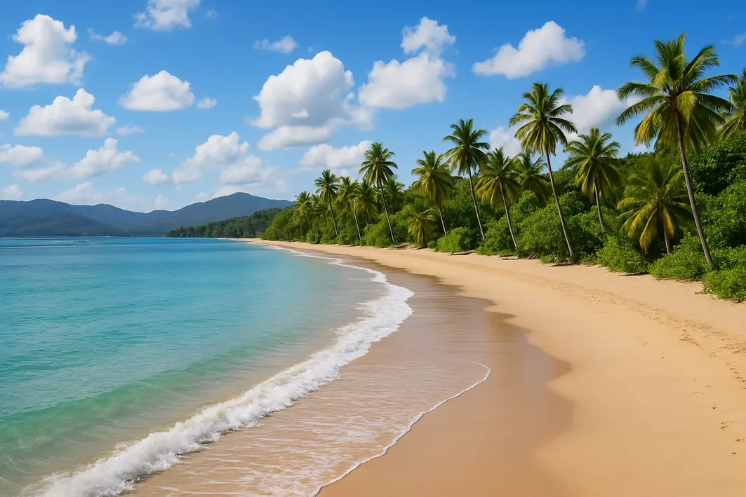 praia tranquila carnaval amanhecer natureza Praia tranquila e isolada ao amanhecer com areia vazia e vegetacao litoranea densa