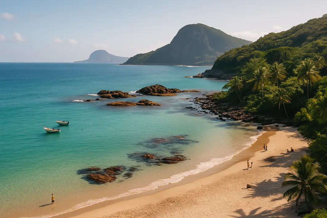 praias boas fevereiro brasil mar calmo Costa brasileira com mar calmo turquesa, enseada ampla de areia com ilhotas rochosas e baía com coqueiros