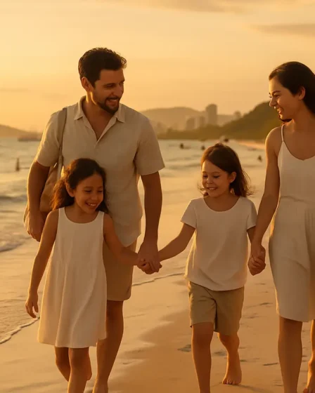 praias perto grandes capitais familia entardece Família caminhando na praia próxima a uma capital brasileira ao entardecer