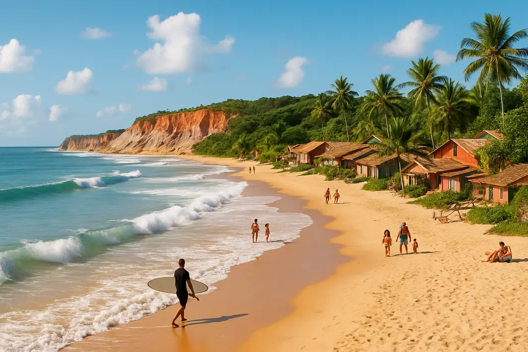 praias sul da bahia trancoso surf casal Praia ensolarada no sul da Bahia com falésias coloridas, vilarejo rústico e ondas suaves para surfistas