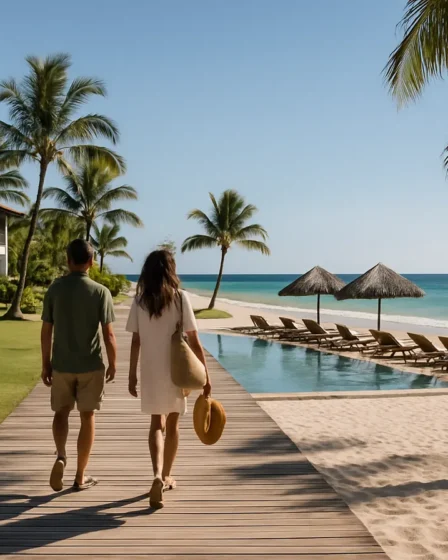 resort all inclusive brasil praia luxo Resort all inclusive brasileiro de frente para o mar com piscina, casal caminhando em passarela de madeira e paisagem tropical