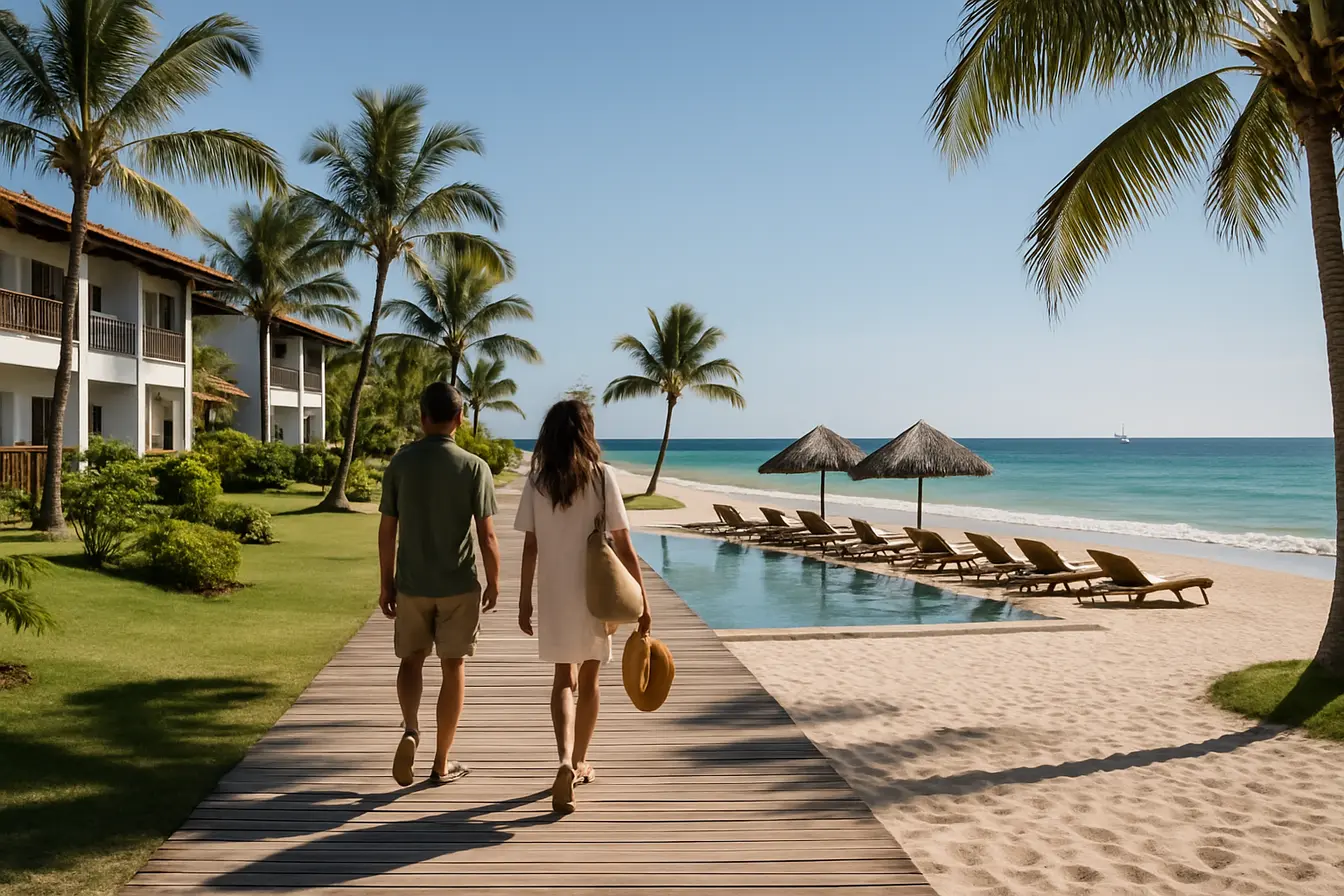 resort all inclusive brasil praia Resort all inclusive brasileiro de frente para o mar com piscina, casal caminhando em passarela de madeira e paisagem tropical