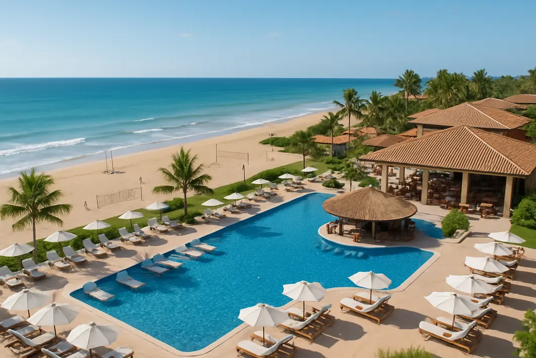 resort all inclusive praia brasil Vista aérea de resort all inclusive na costa brasileira com praia areia clara, mar azul, piscinas, bar e área de lazer
