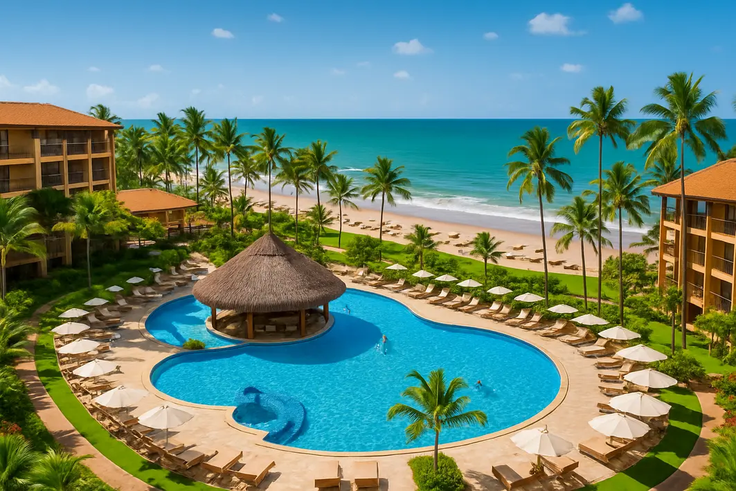 resorts all inclusive brasil buffet praia Buffet de resort brasileiro all inclusive com moqueca, frutos do mar grelhados, frutas tropicais e caipirinhas na mesa perto da praia
