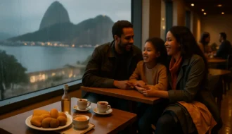 Família em café de museu no Rio de Janeiro em dia de chuva com mesa de petiscos e janela molhada com vista desfocada do Pão de Açúcar