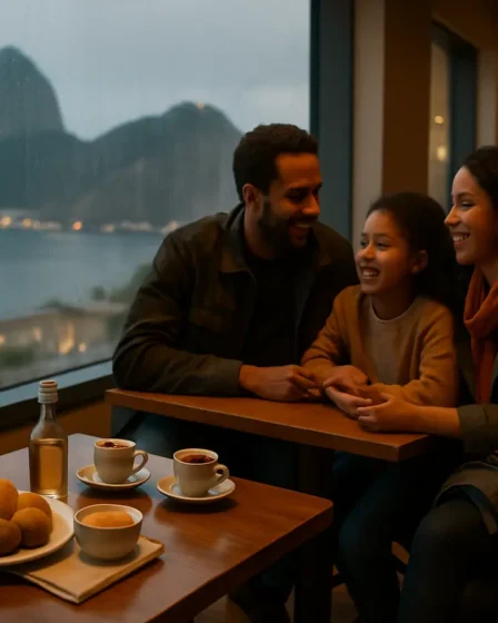 rio de janeiro cafe dia chuvoso pao de acucar Família em café de museu no Rio de Janeiro em dia de chuva com mesa de petiscos e janela molhada com vista desfocada do Pão de Açúcar