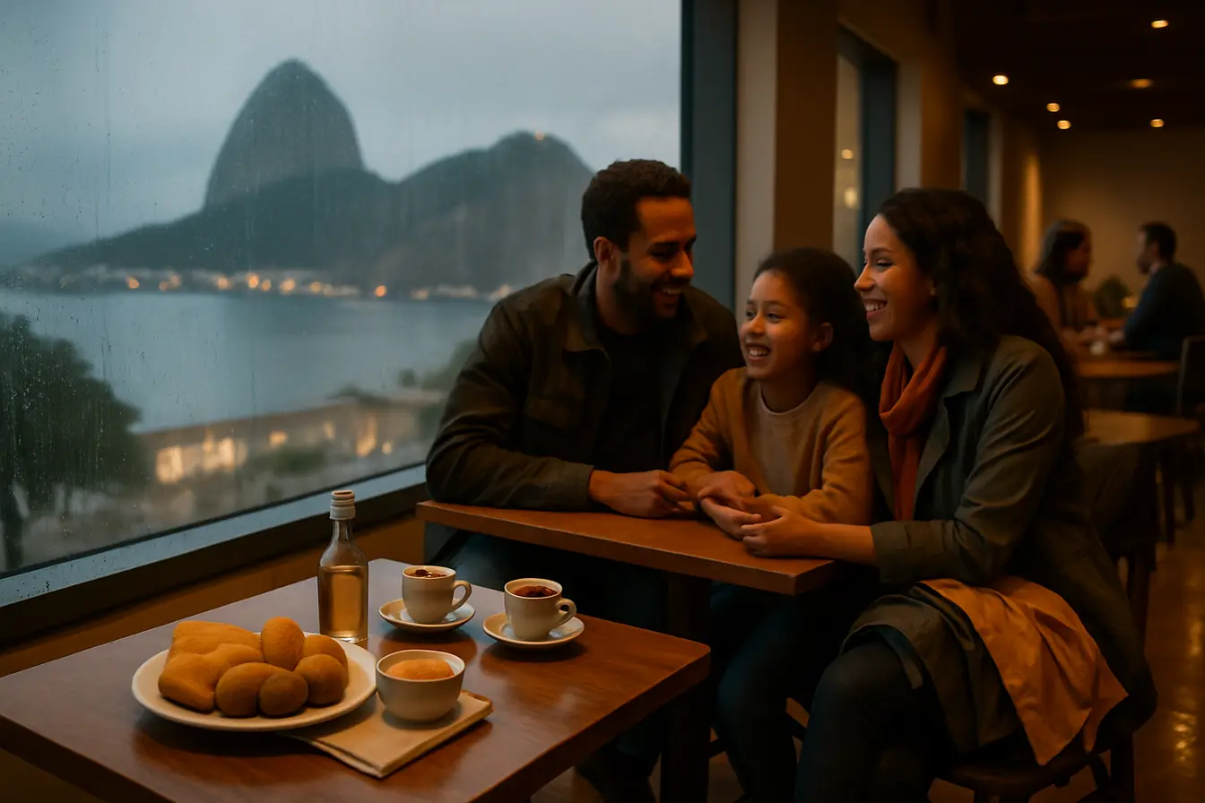 rio de janeiro cafe dia chuvoso pao de acucar Família em café de museu no Rio de Janeiro em dia de chuva com mesa de petiscos e janela molhada com vista desfocada do Pão de Açúcar