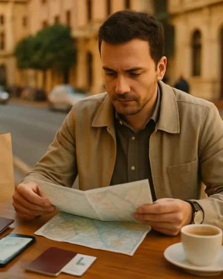 turismo no paraguai planejamento compras asuncion Viajante sentado em café ao ar livre em Asunción olhando documentos e mapa para planejar compra e turismo