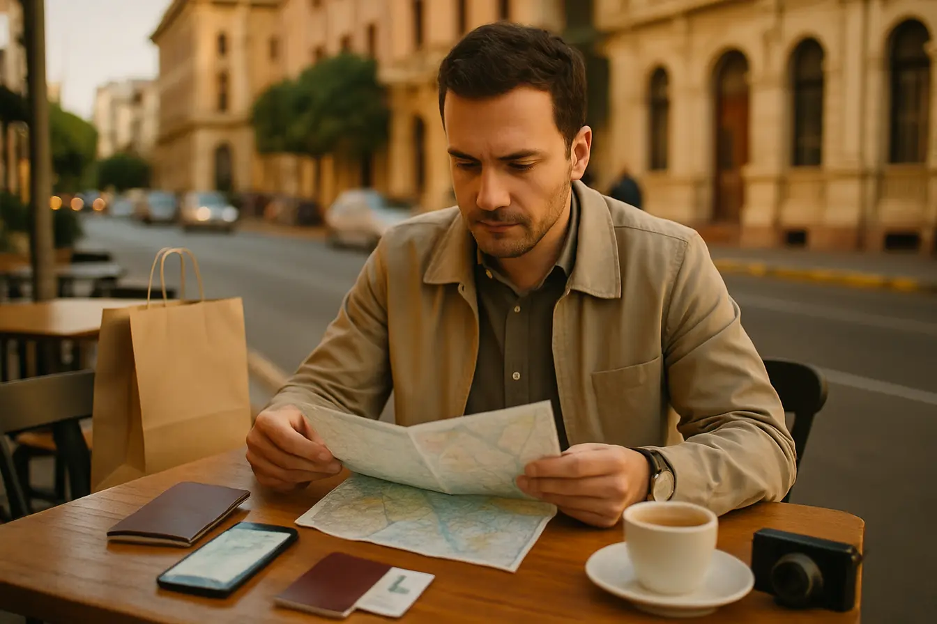 turismo no paraguai planejamento compras asuncion Viajante sentado em café ao ar livre em Asunción olhando documentos e mapa para planejar compra e turismo