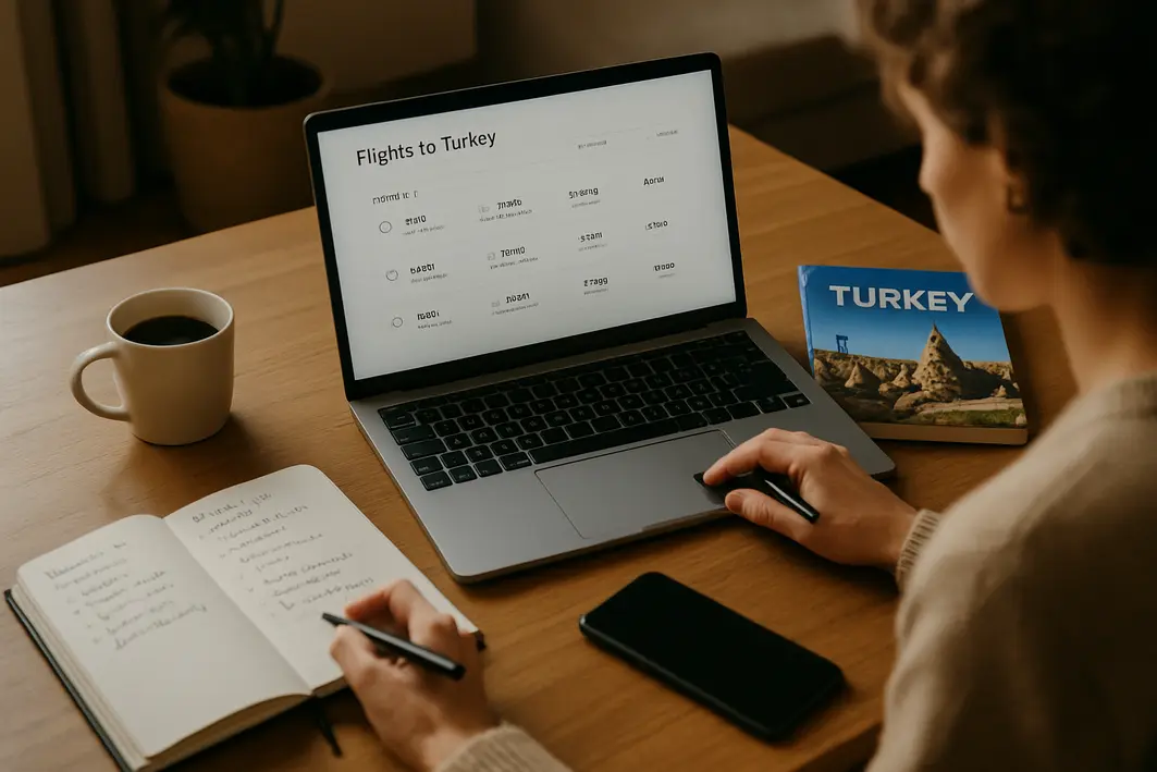viagens turquia planejamento mesa Viajante sentado em mesa de madeira com laptop exibindo opções de voo para Turquia, caderno com anotações, guia de viagem turco, smartphone e café