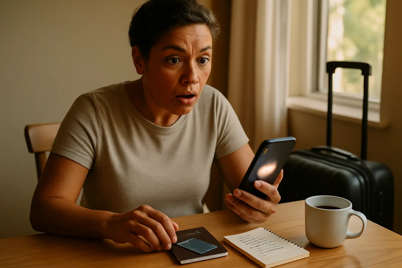 viajante alerta promocao passagens nordeste Viajante conferindo alerta de promoção de passagens aéreas para o Nordeste no celular, com passaporte e mala ao fundo.