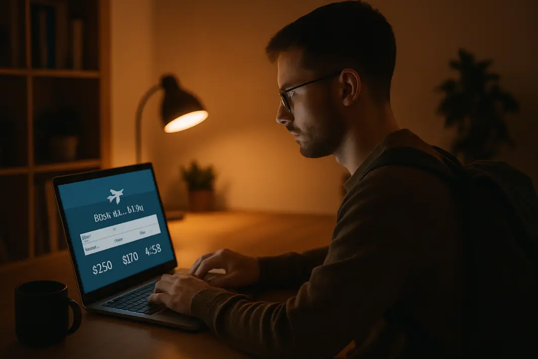 viajante comprando passagens de madrugada Viajante moderno usando laptop para comprar passagens aéreas durante a noite em escritório residencial