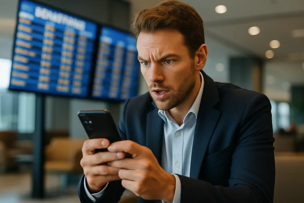 viajante conferindo promocao voos nordeste Viajante confiante consultando ofertas de voos no smartphone em lounge de aeroporto moderno