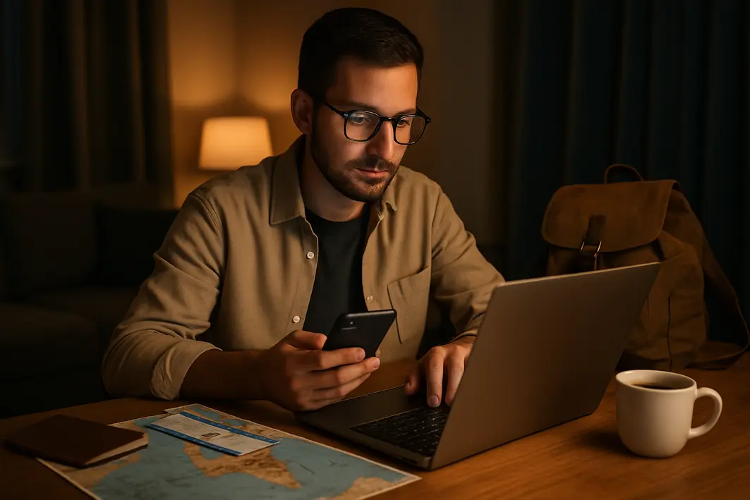 viajante noturno computador viagem Viajante moderno usando laptop e smartphone à noite com bilhetes aéreos e mapa ao redor