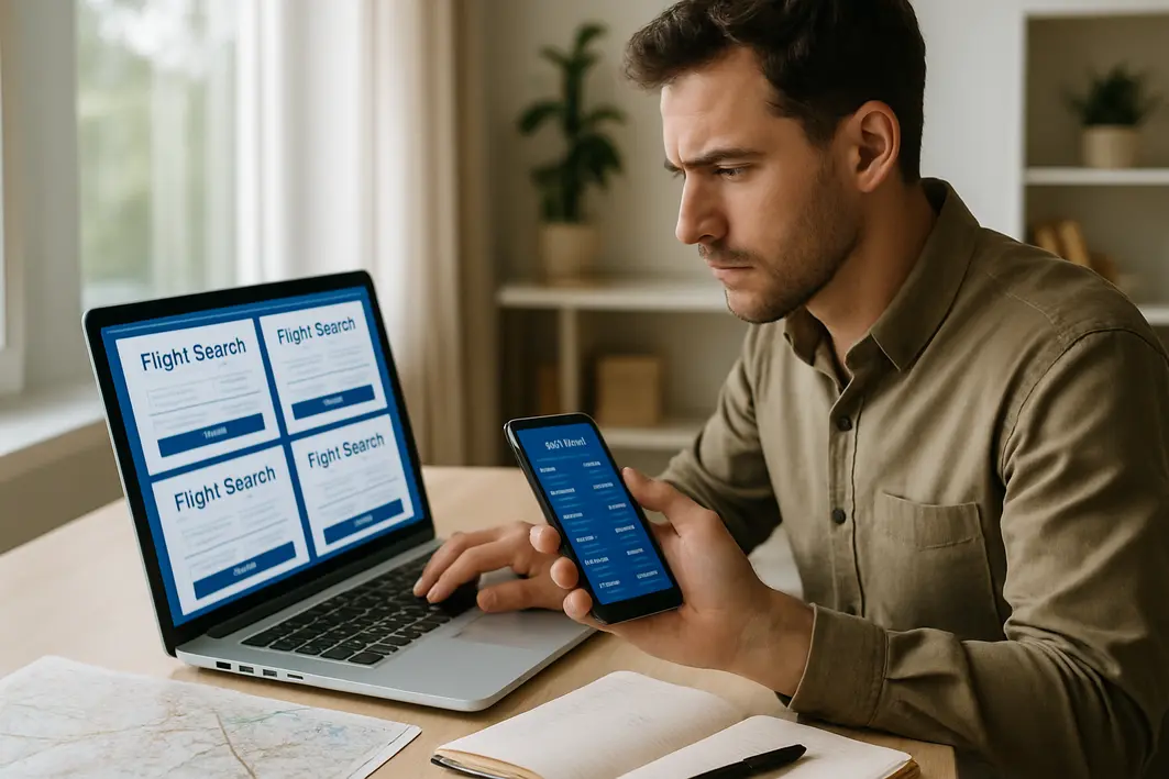viajante planejando passagens feriados Viajante concentrado sentado em escritorio moderno com laptop aberto em buscas de voo e smartphone com alertas de tarifa