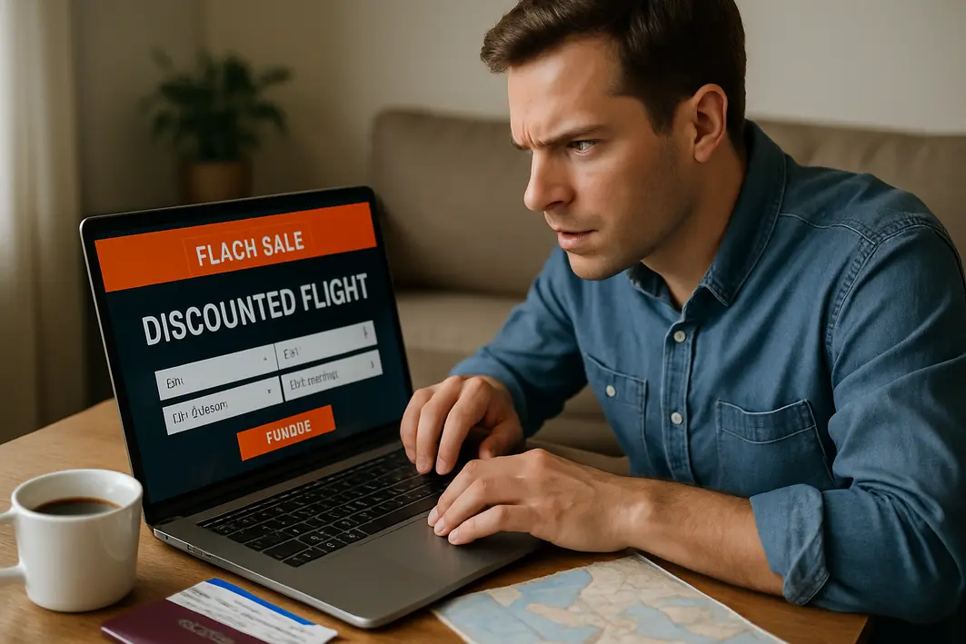 viajante reservando voo desconto nordeste Viajante concentrado reservando passagem aérea com desconto no laptop em casa